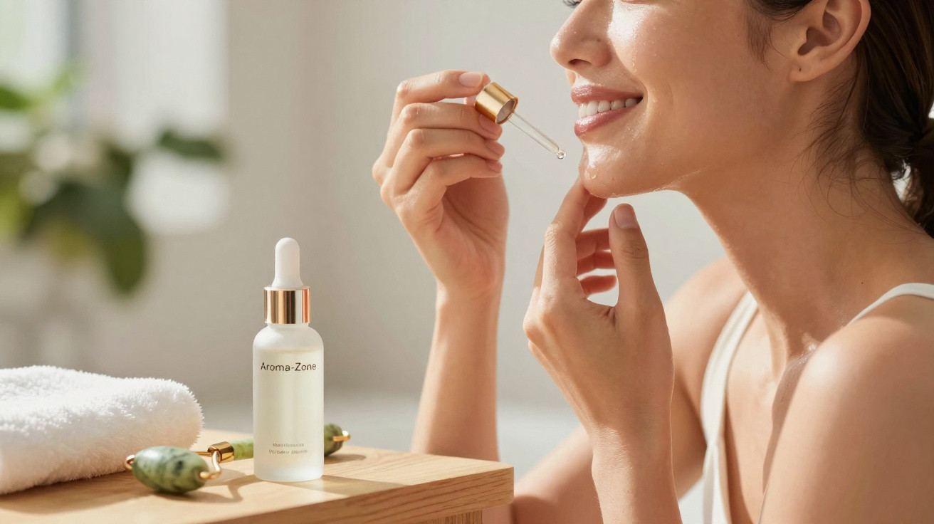 Mulher sorridente aplicando sérum facial com conta-gotas em ambiente claro e relaxante.