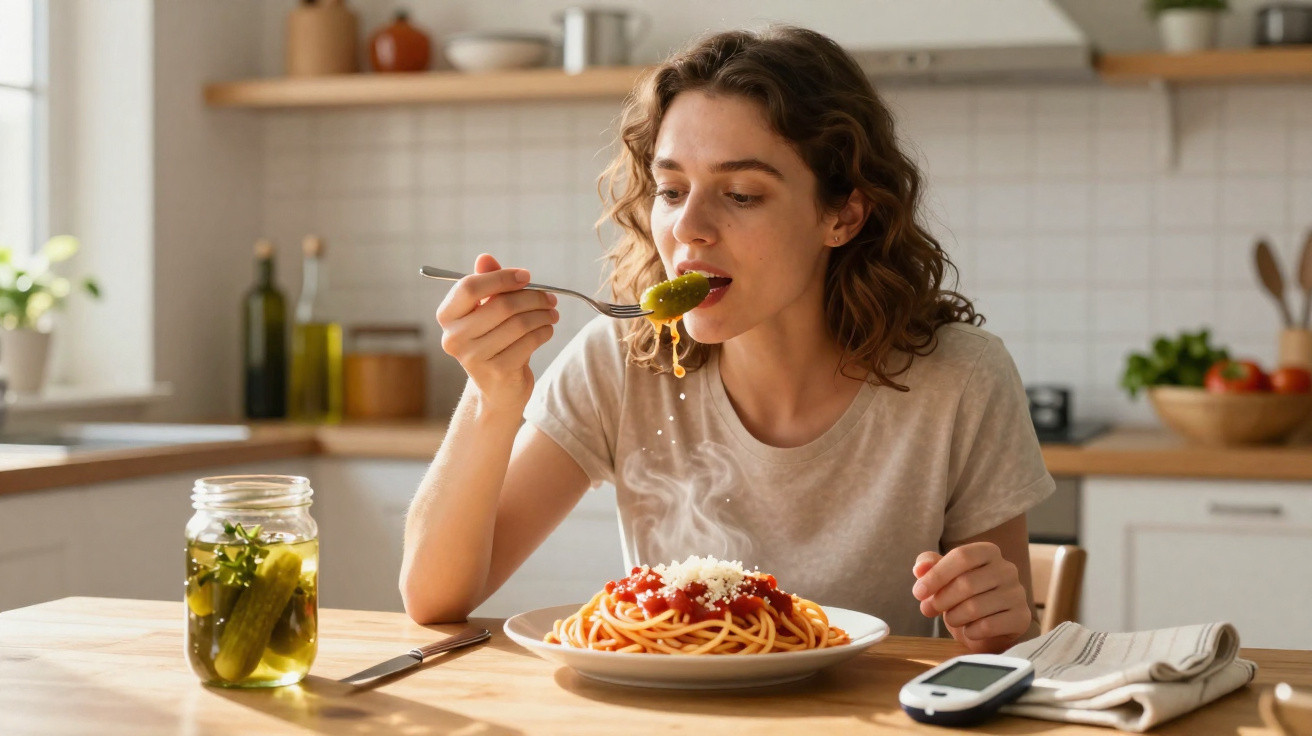 Mulher comendo espaguete com molho de tomate na cozinha, com pote de picles e medidor de glicose à mesa.