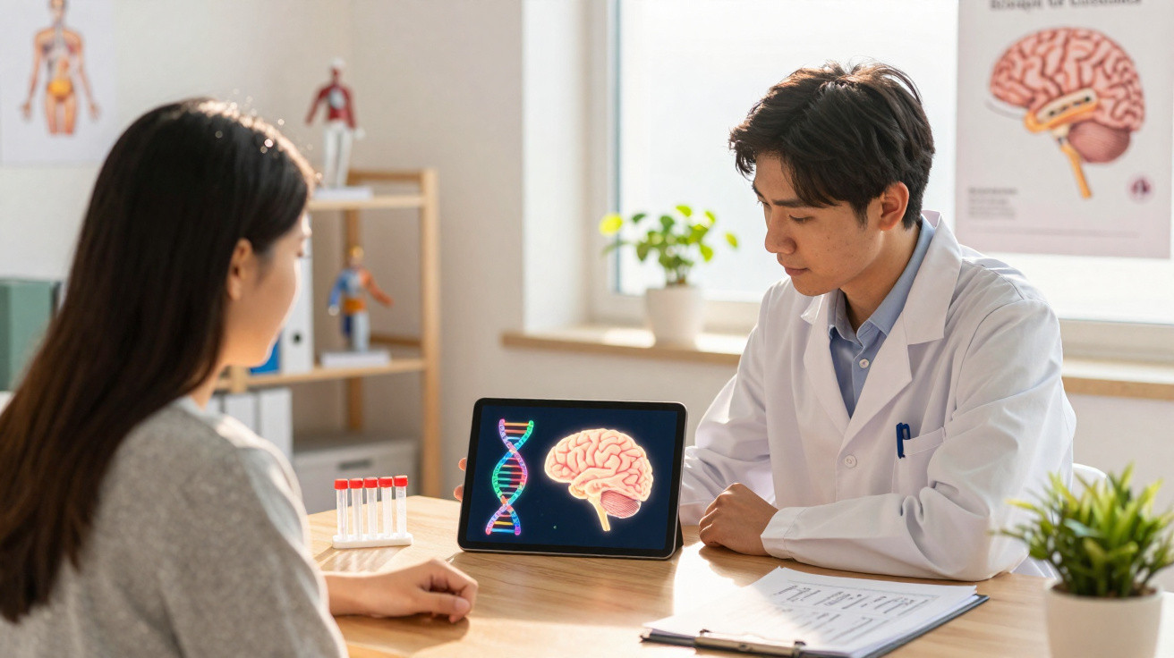 Médico explicando genética e cérebro para paciente usando tablet em consultório com pôsteres anatômicos.