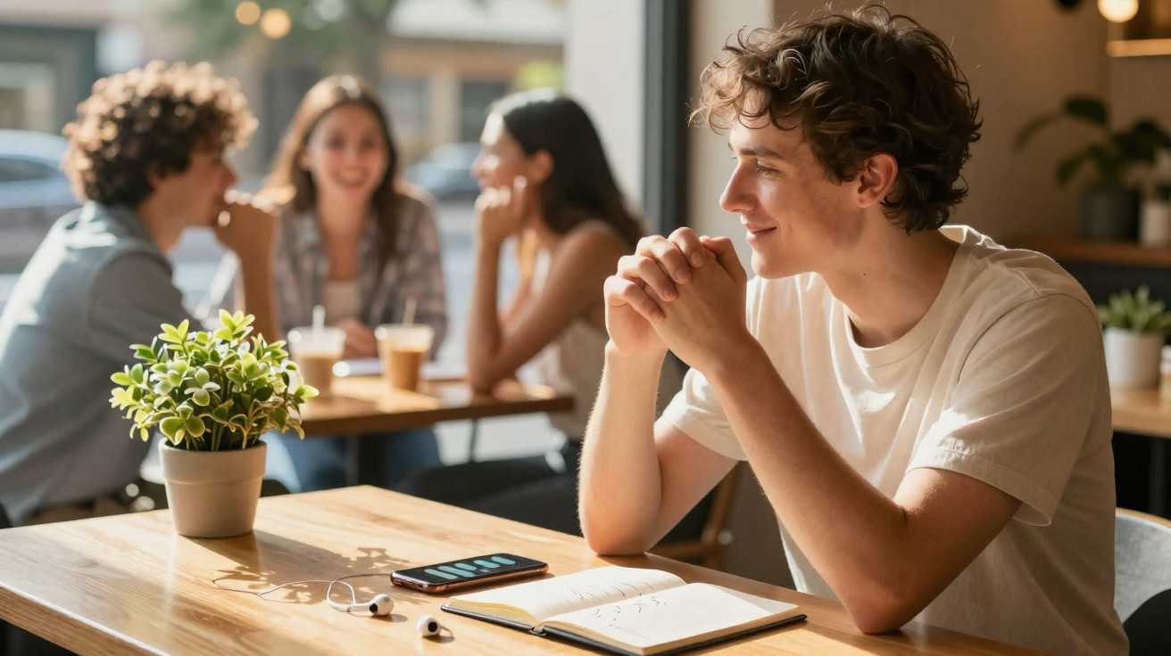 Jovem sentado em mesa com caderno aberto e fones, olhando pensativo, com grupo de amigos ao fundo em cafeteria.