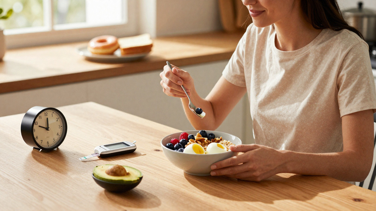 Mulher comendo tigela de frutas e ovos na mesa, com relógio, abacate e monitor de glicose ao lado.