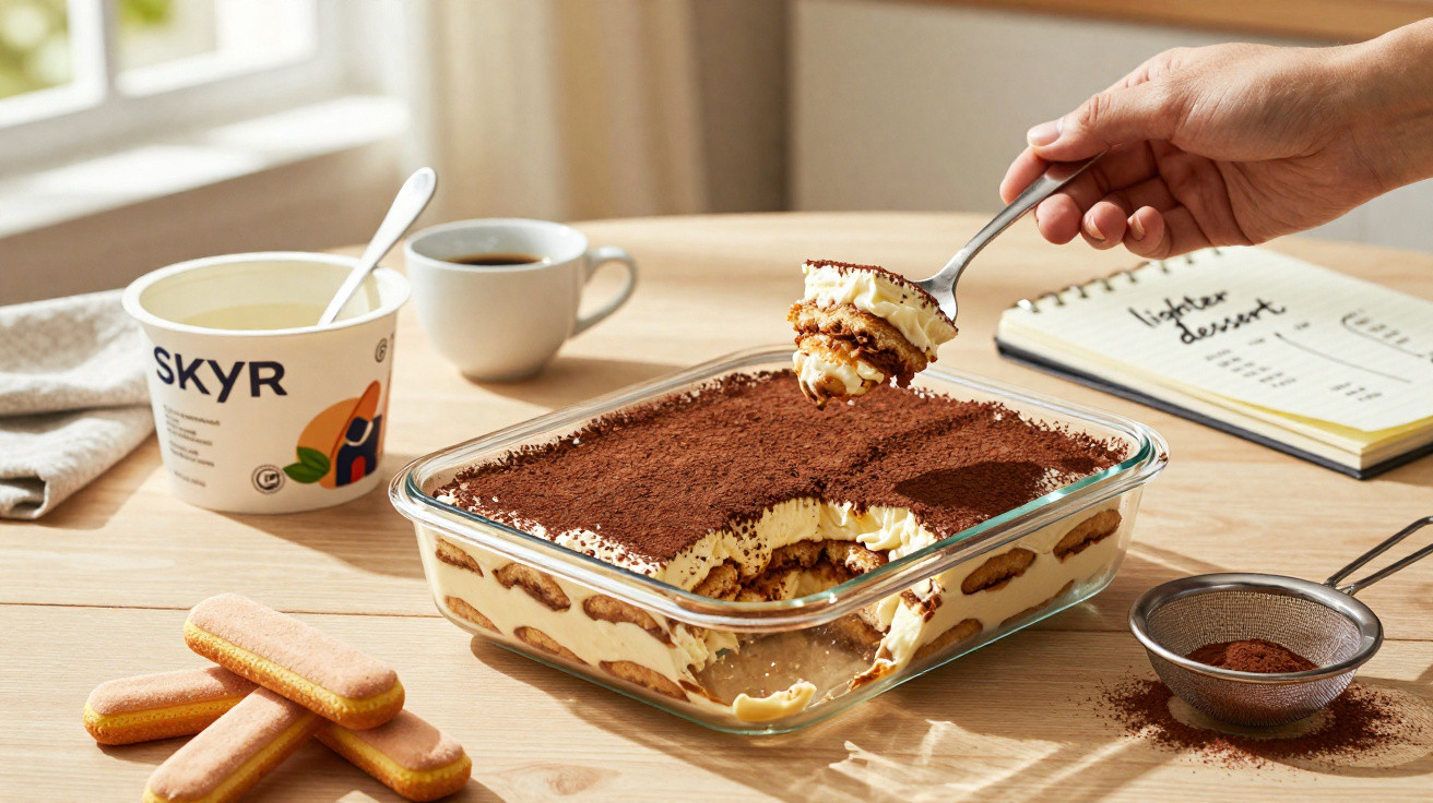 Mão pegando porção de tiramisu em refratário com cacau, biscoitos, café e pote de iogurte ao fundo.
