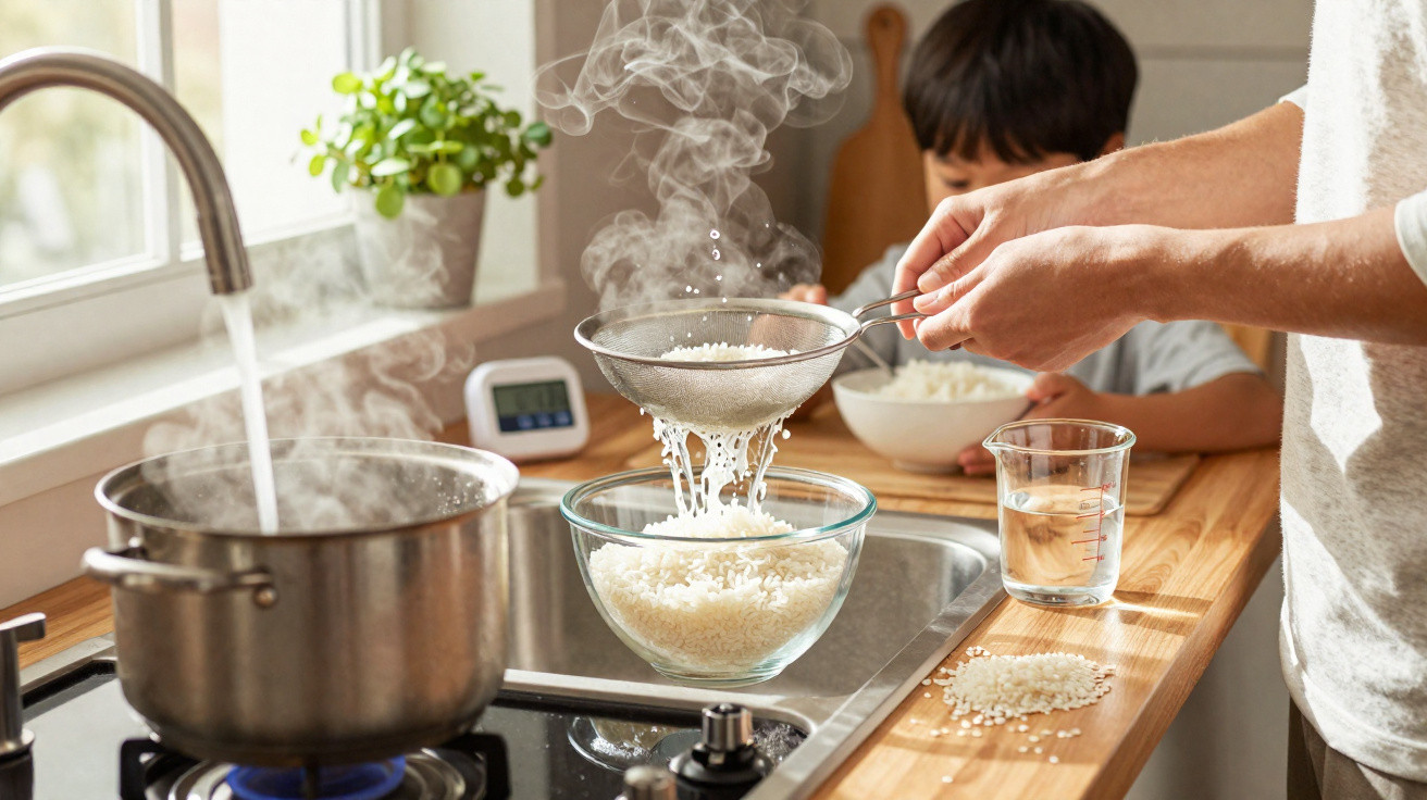 Pessoa escorrendo arroz cozido em uma peneira, com criança ao fundo e panela no fogão a gás.