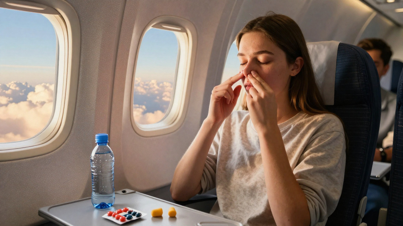 Mulher em avião massageando o nariz, com remédios e protetores auriculares na mesa.
