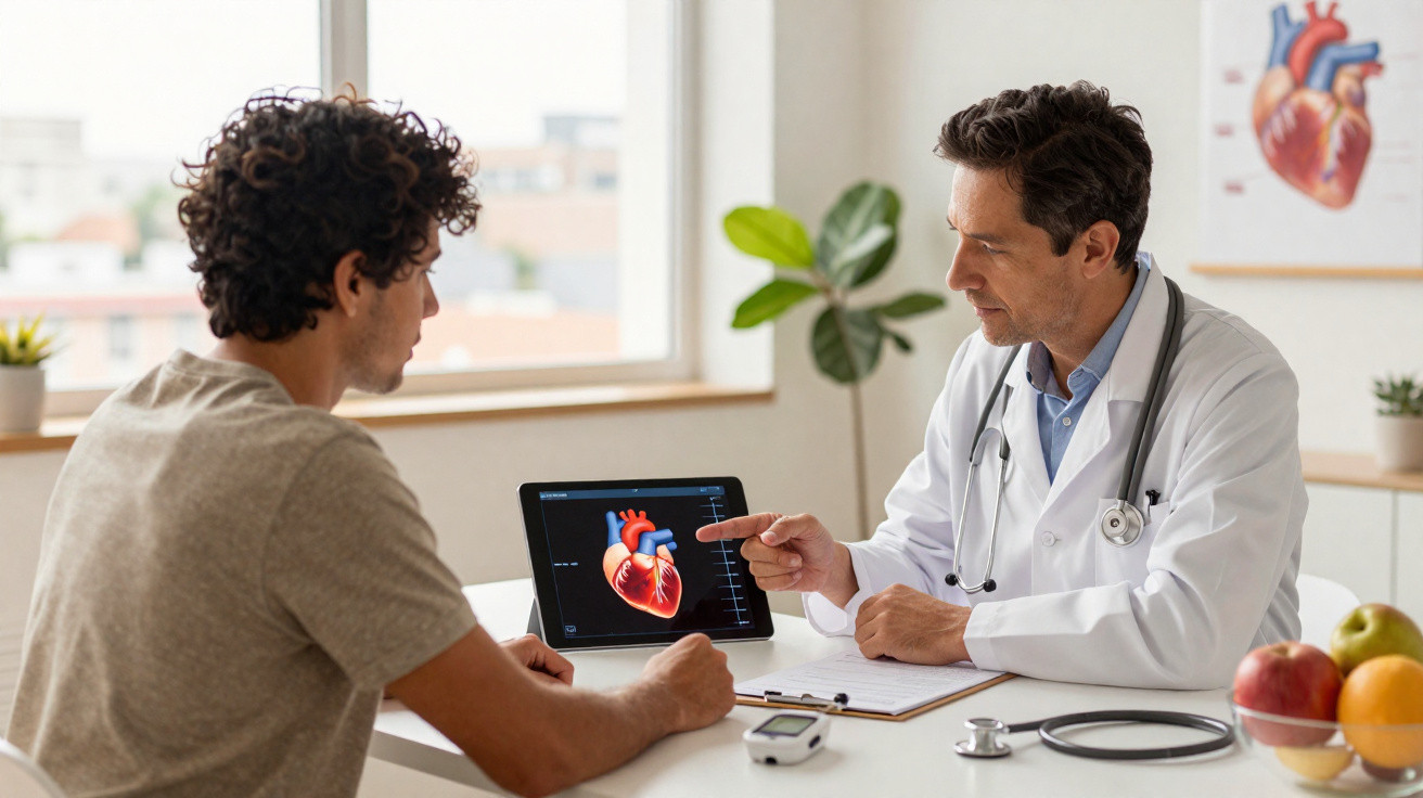 Médico explicando imagem digital de coração para paciente em consultório iluminado por janela.