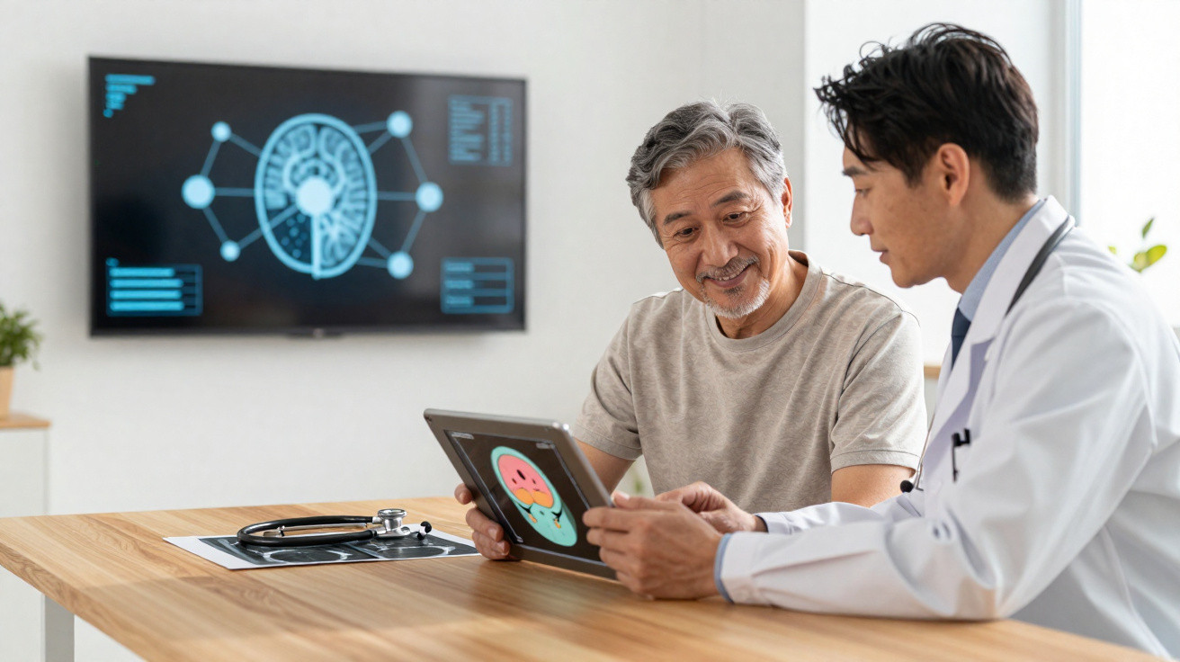 Médico e paciente analisando exames cerebrais em tablet com imagem de cérebro na tela ao fundo.
