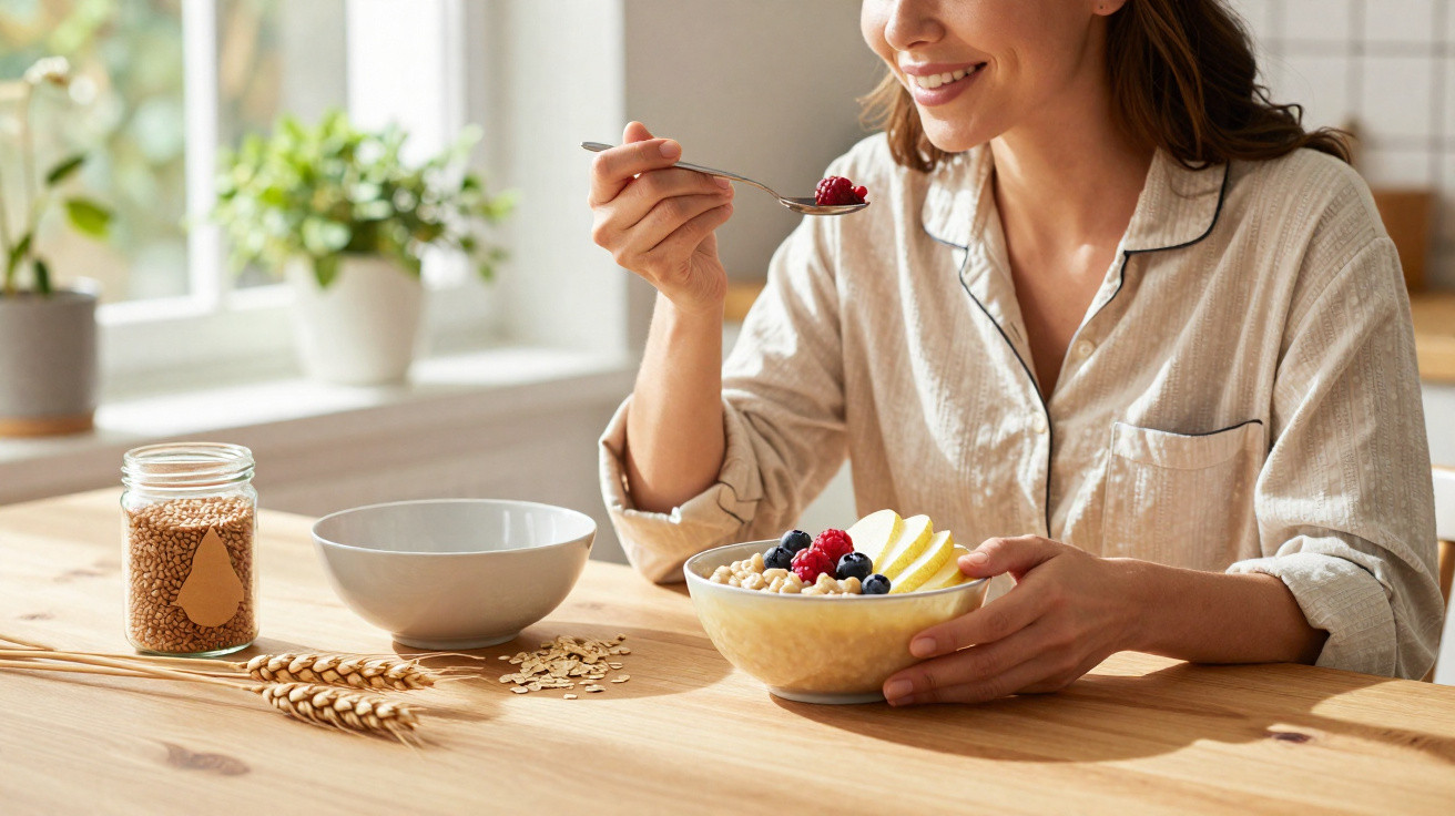 Mulher sorrindo comendo tigela de cereal, frutas e sementes em cozinha iluminada.