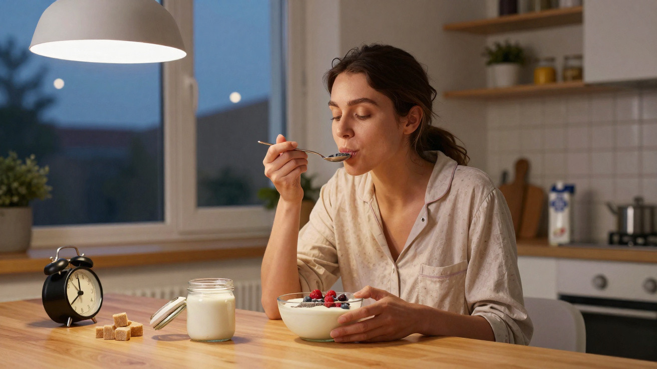 Mulher de pijama comendo iogurte com frutas em cozinha iluminada ao amanhecer, relógio marcando 6:00.