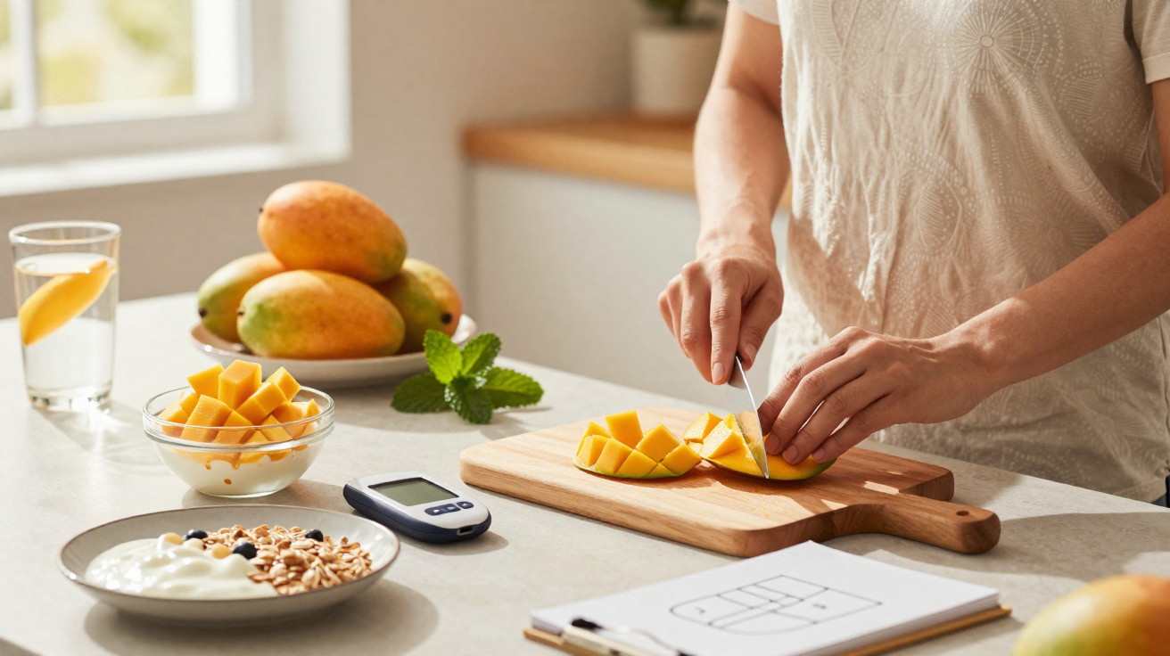 Pessoa cortando manga em tábua na cozinha com frutas, iogurte, granola e medidor de glicose ao lado.