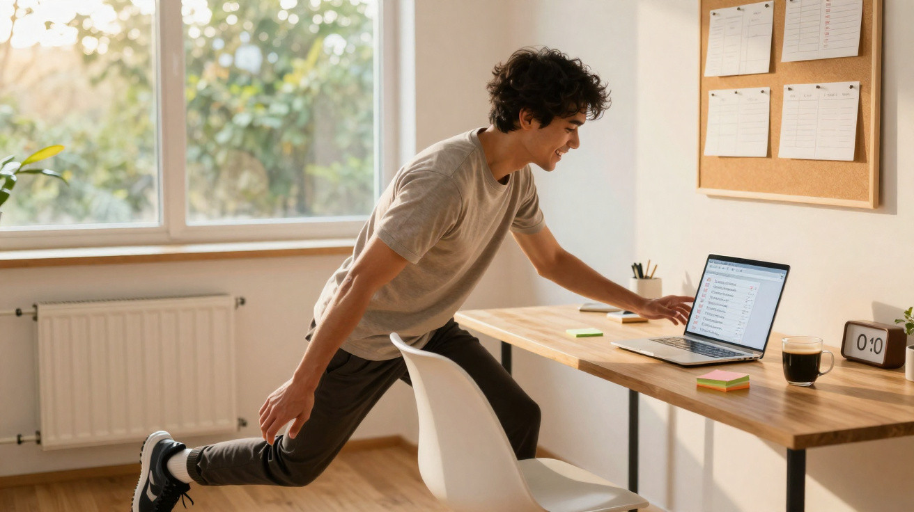 Jovem fazendo alongamento enquanto trabalha em laptop em escritório com janela e quadros na parede.