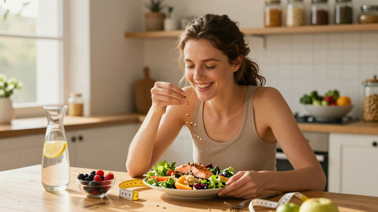 Mulher sorridente temperando salada saudável na cozinha com frutas, fita métrica e jarra de água com limão.