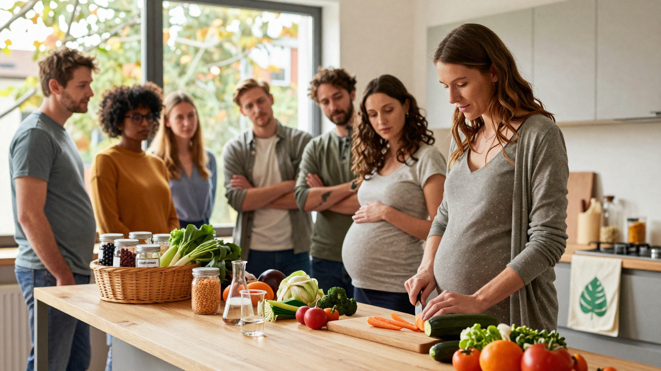 Grupo em cozinha observa gestante cortando legumes para preparo de refeição saudável.