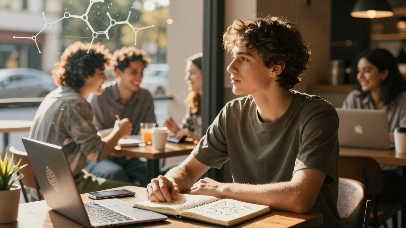 Jovem estudando com laptop e caderno em café, enquanto grupo conversa ao fundo.