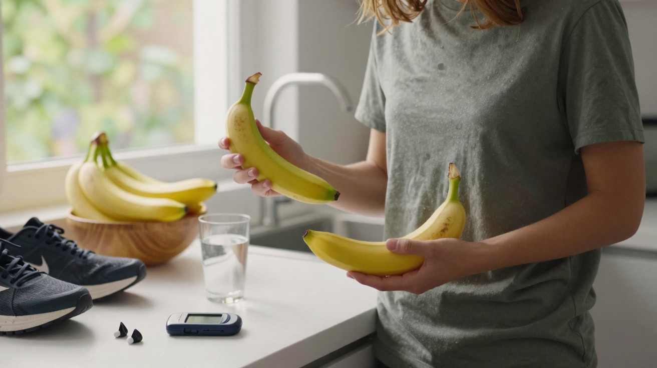 Pessoa segurando bananas na cozinha, com tênis, monitor de glicose e copo d'água sobre a bancada.