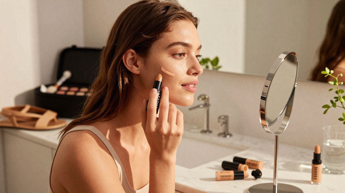 Mulher aplicando base facial com bastão na pele em banheiro com espelho e produtos de maquiagem.