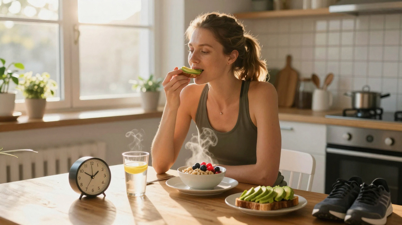 Mulher com roupa esportiva comendo torrada com abacate em cozinha iluminada pela manhã, mesa com café da manhã saudável.