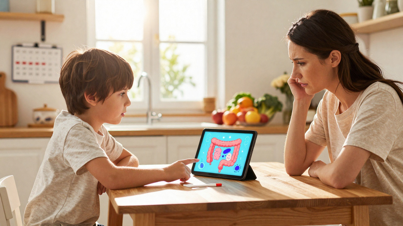 Criança e mulher conversam em cozinha, olhando imagem do sistema digestivo em tablet sobre mesa de madeira.
