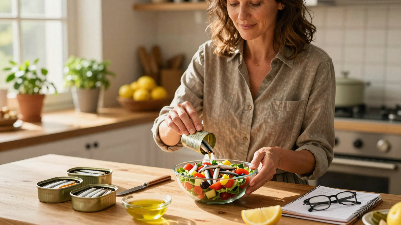 Mulher adiciona sardinhas enlatadas em salada fresca na cozinha iluminada por luz natural.
