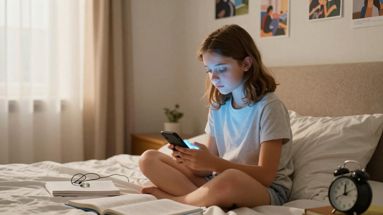 Menina sentada na cama olhando para o celular, com livros e fones ao redor em um quarto iluminado.