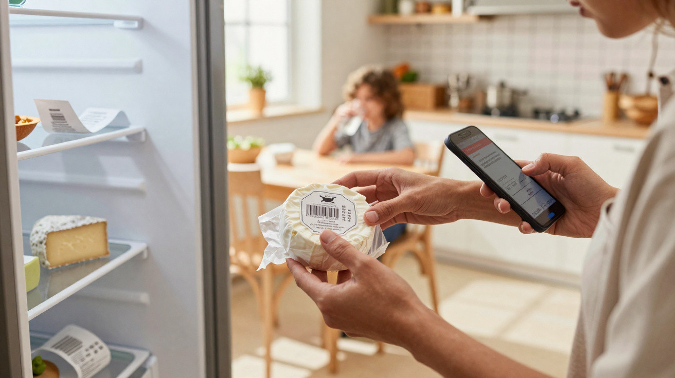 Pessoa segurando queijo com código de barras e celular próximo à geladeira aberta na cozinha.