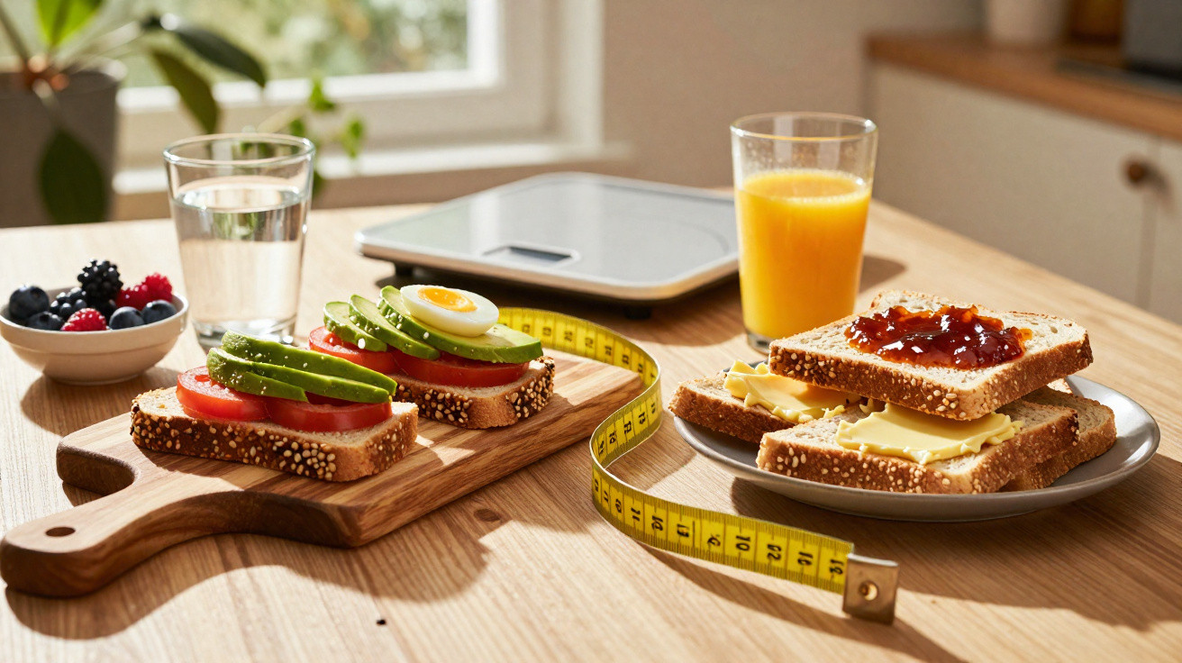 Mesa com sanduíches naturais, frutas, copos de água e suco, fita métrica e balança de cozinha.