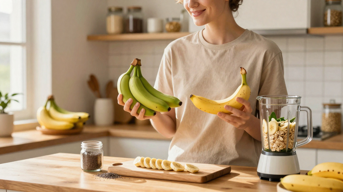Pessoa segurando bananas verdes e maduras na cozinha, com fatias de banana e liquidificador na bancada.