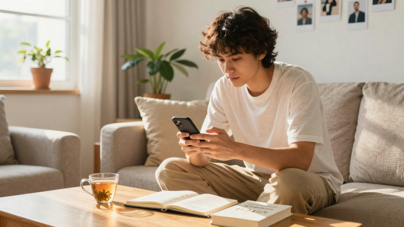 Jovem sentado no sofá olhando para celular, com chá e livros sobre a mesa em sala iluminada.