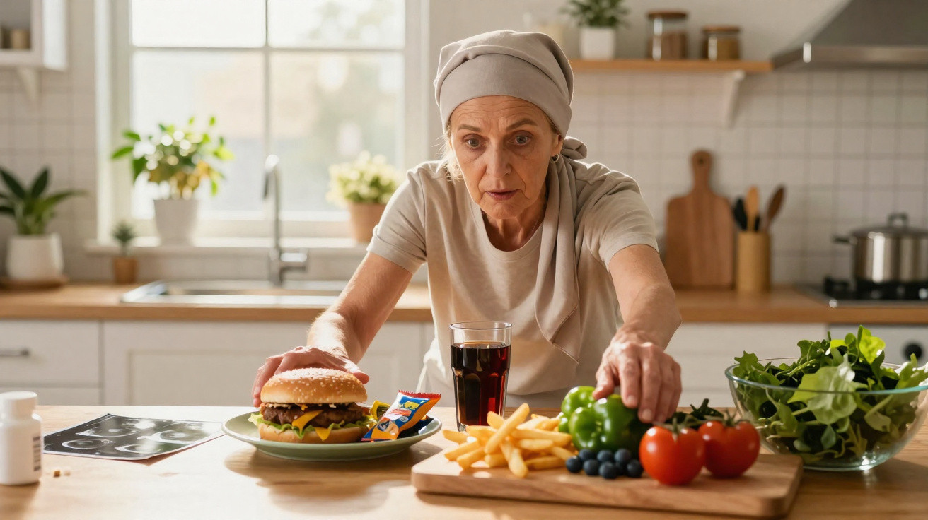 Mulher com lenço na cabeça escolhe entre hambúrguer com fritas e vegetais frescos na cozinha.
