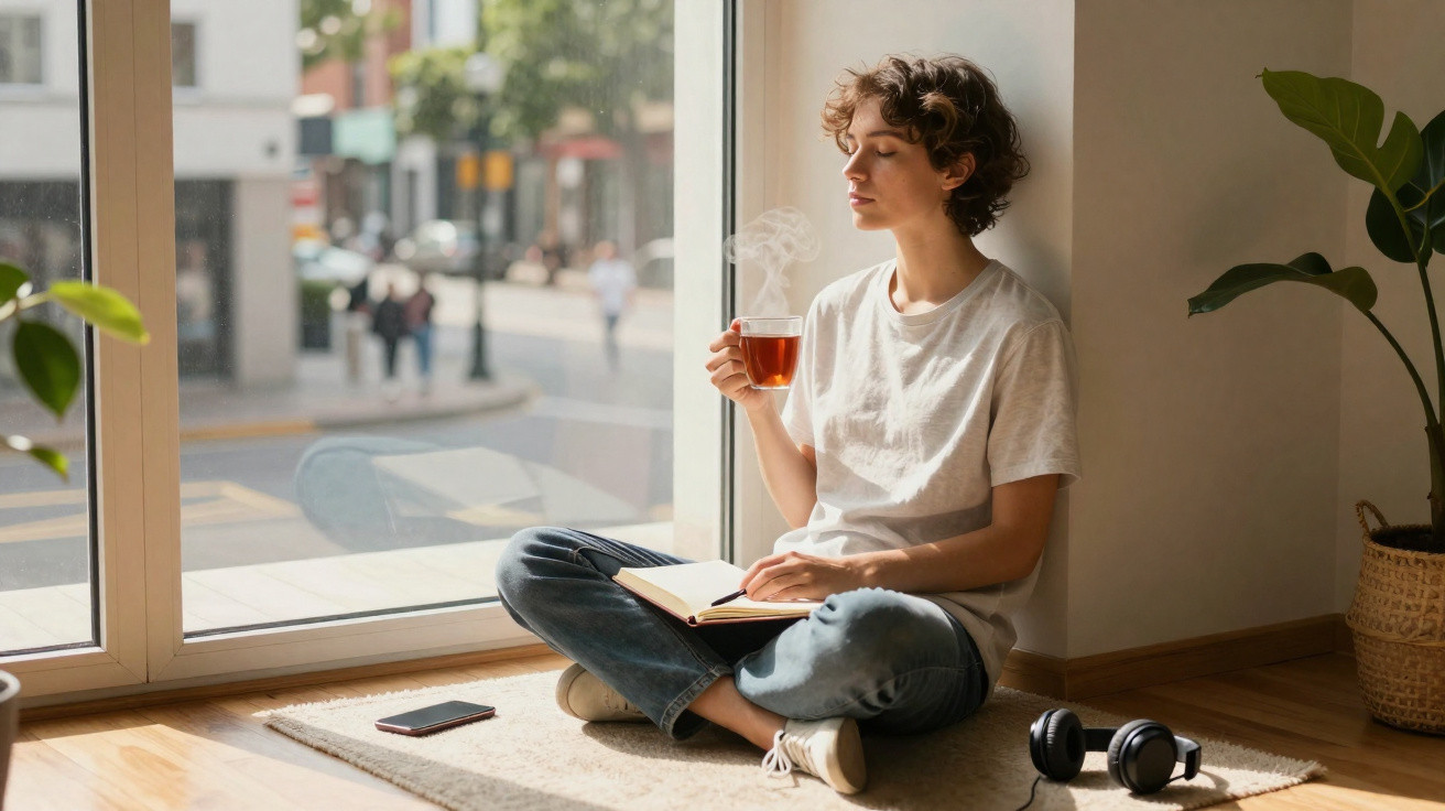 Pessoa sentada no chão perto da janela, segurando xícara de chá e lendo livro em ambiente iluminado.