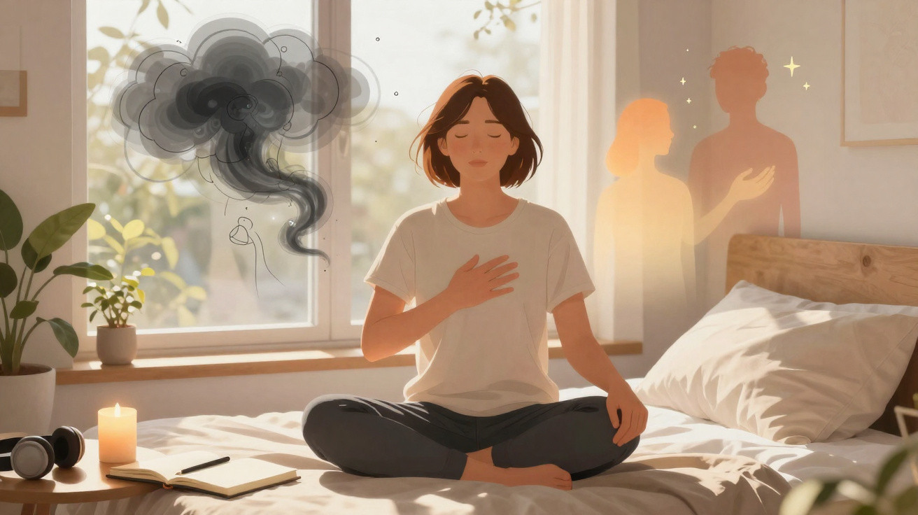 Mulher meditando em quarto iluminado, com nuvem escura à esquerda e figuras iluminadas à direita.