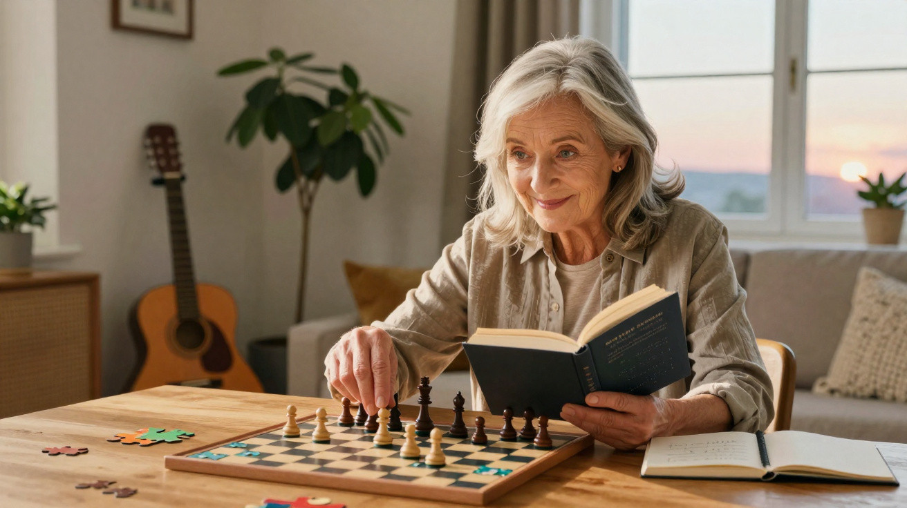 Mulher idosa sentada, jogando xadrez e lendo livro, em ambiente acolhedor com violão e plantas ao fundo.
