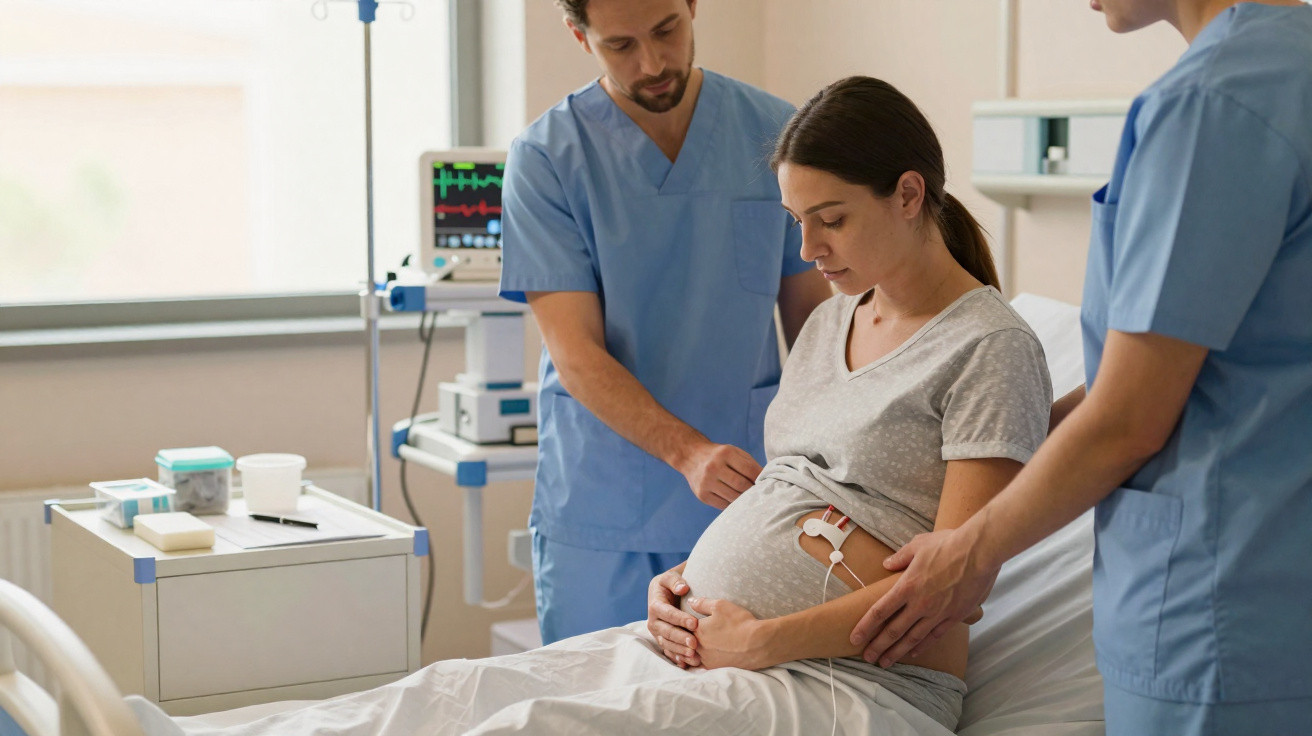 Gestante em hospital recebe monitoramento e apoio de dois profissionais de saúde vestidos com uniforme azul.