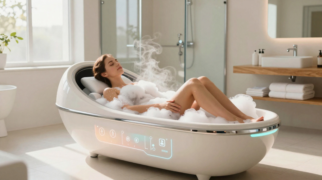 Mulher relaxando em banheira moderna com espuma e vapor em banheiro claro e minimalista.