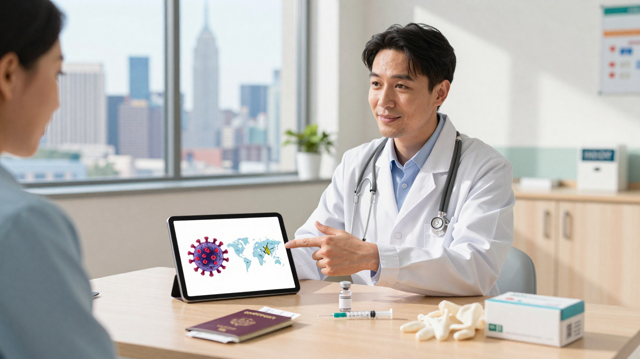 Médico asiático explicando vacinação contra vírus para paciente, com tablet, vacina e luvas na mesa.