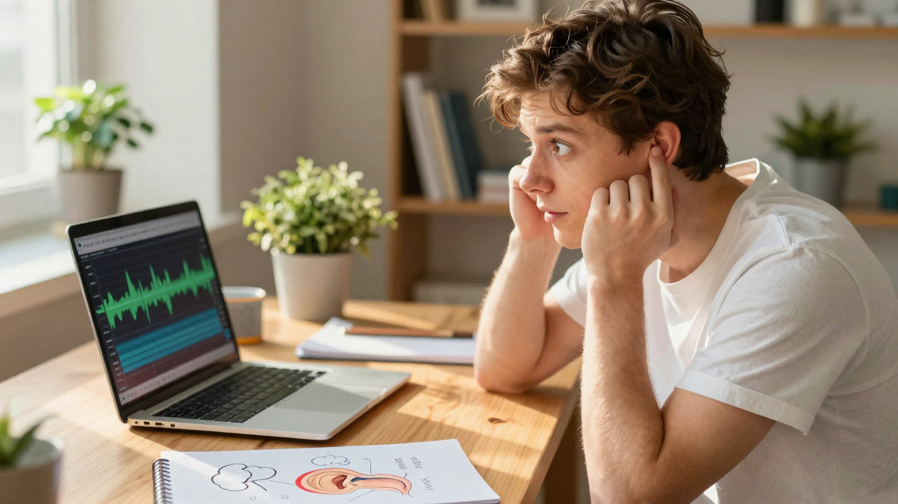 Jovem com fones de ouvido aparente sentado à mesa com laptop e caderno, assistindo a uma aula online.