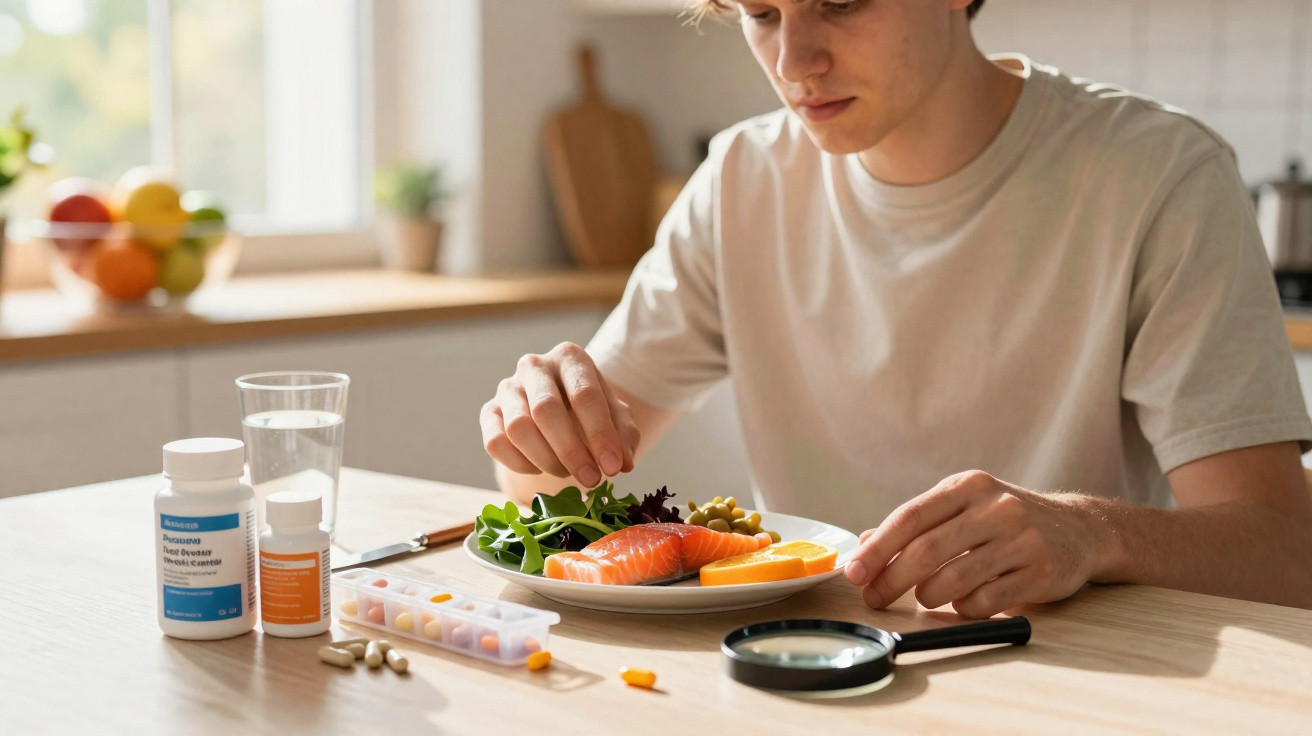 Jovem preparando prato com salmão, folhas verdes e frutas, com medicamentos e lupa na mesa.