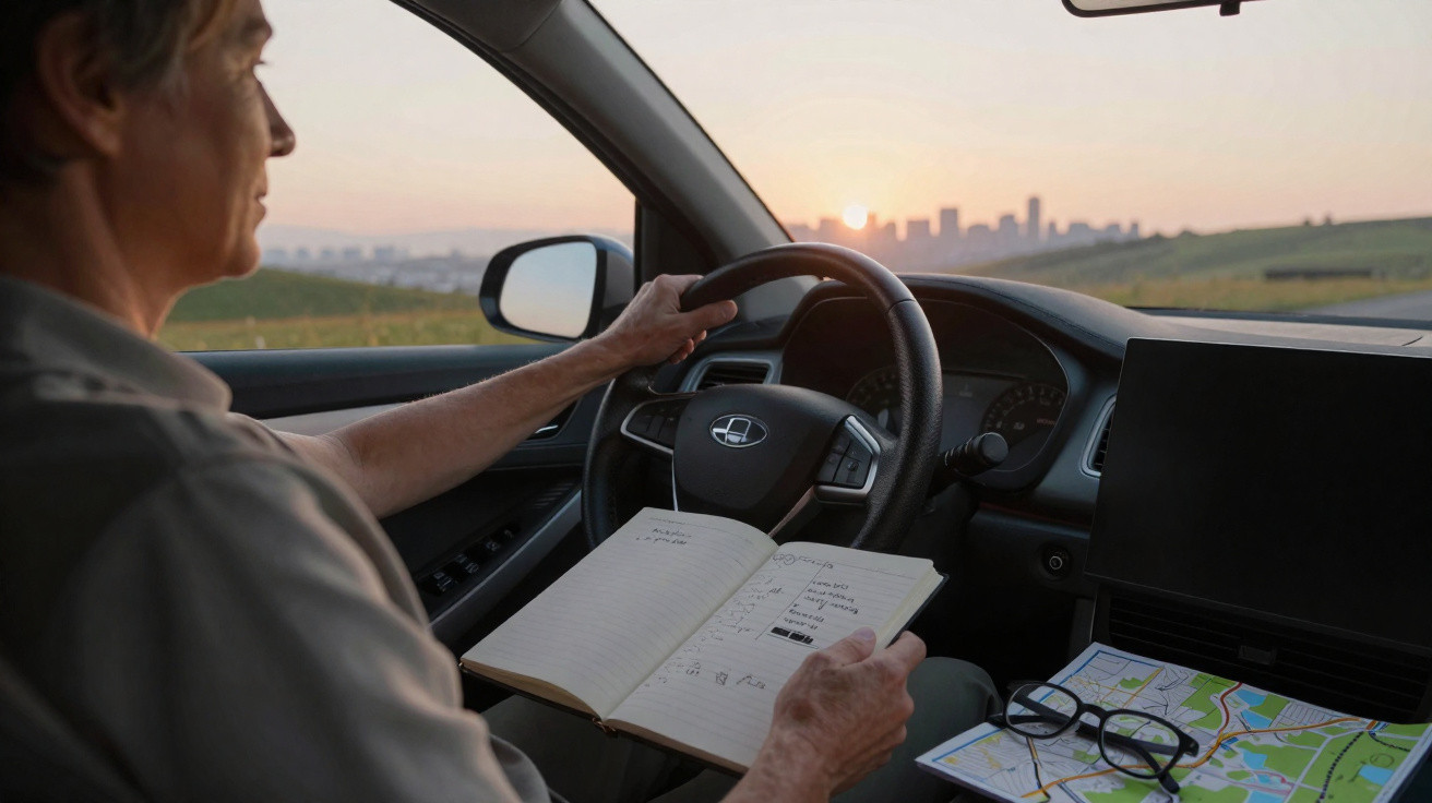 Pessoa dirigindo com caderno de anotações aberto no colo e mapa com óculos no painel ao pôr do sol.