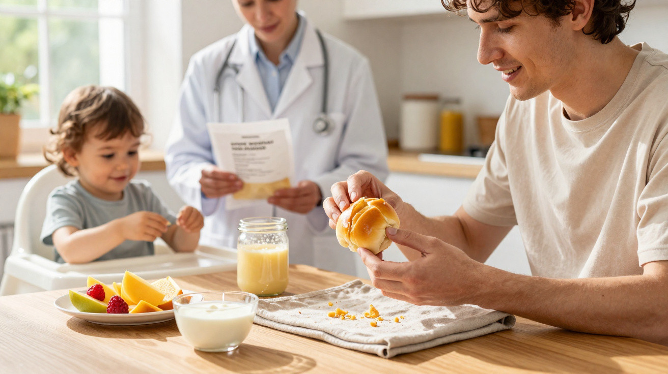Pai alimenta criança pequena enquanto médica, ao fundo, lê instruções em cozinha iluminada.