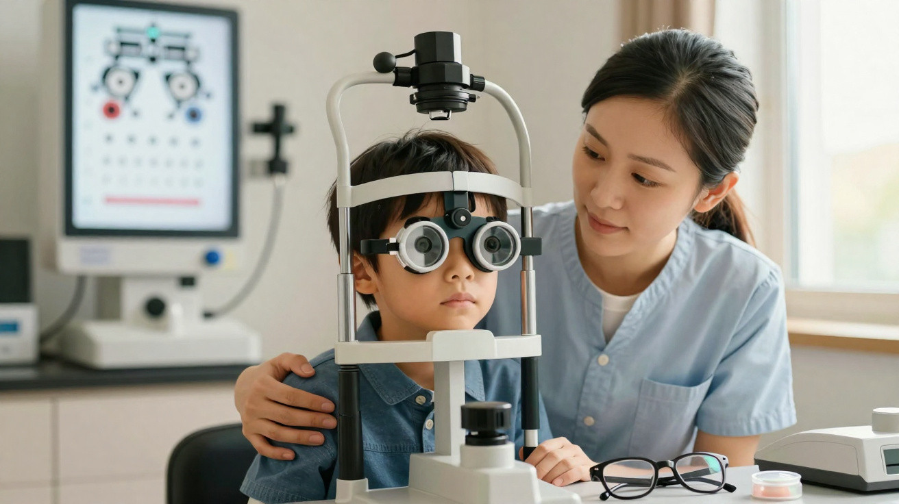 Criança passando por exame de vista com equipamento oftalmológico e profissional de saúde orientando.