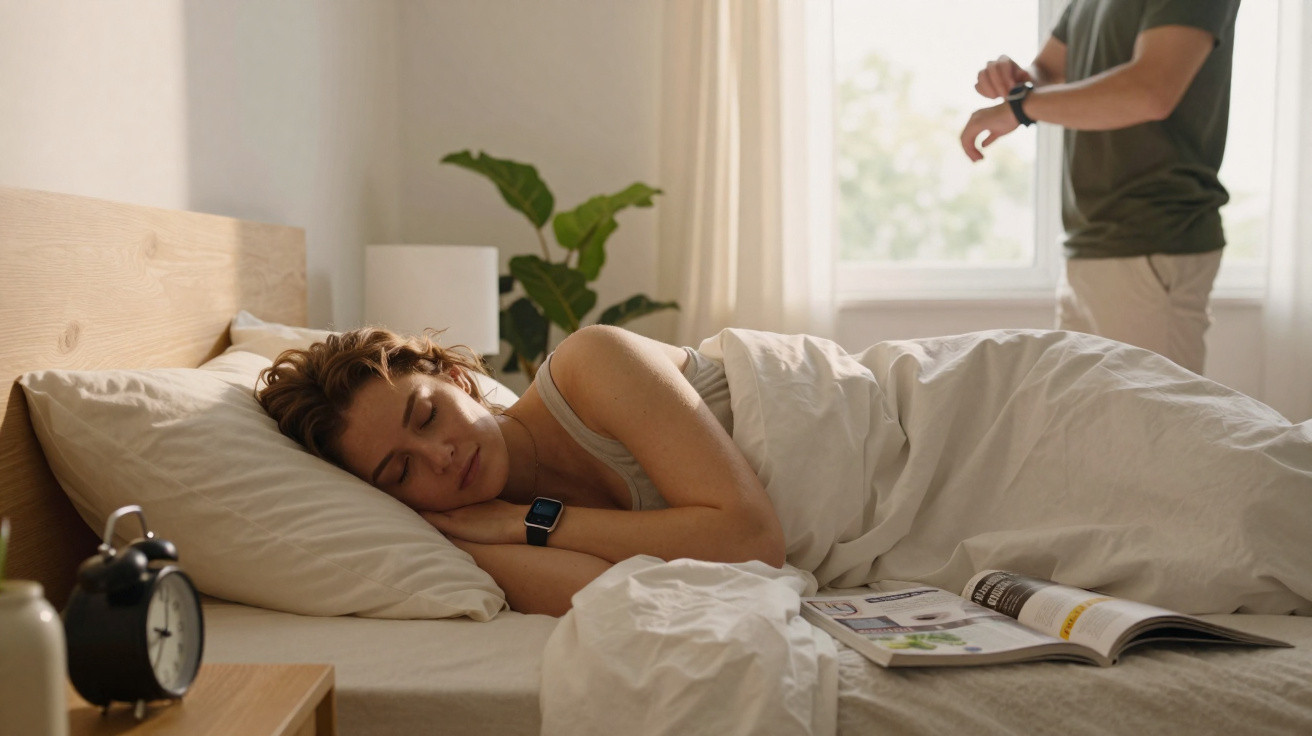Mulher dormindo na cama com relógio inteligente, homem ao fundo vendo relógio perto da janela iluminada.