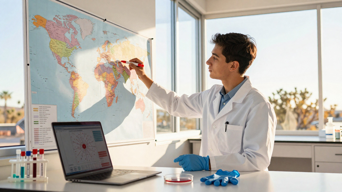 Pesquisador em jaleco aponta com caneta vermelha um mapa-múndi em sala de laboratório iluminada.