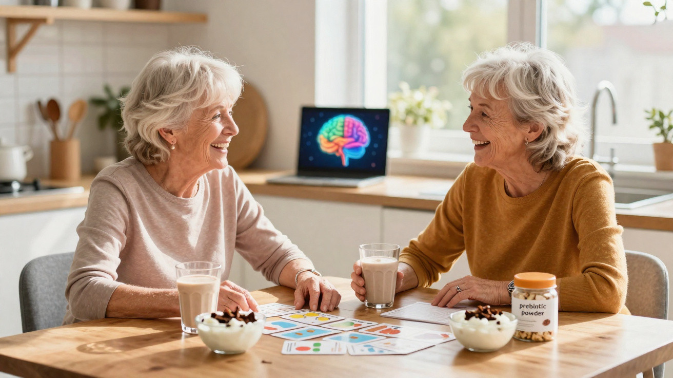 Duas mulheres idosas sorrindo jogando cartas em mesa com lanches e suplemento probiótico.