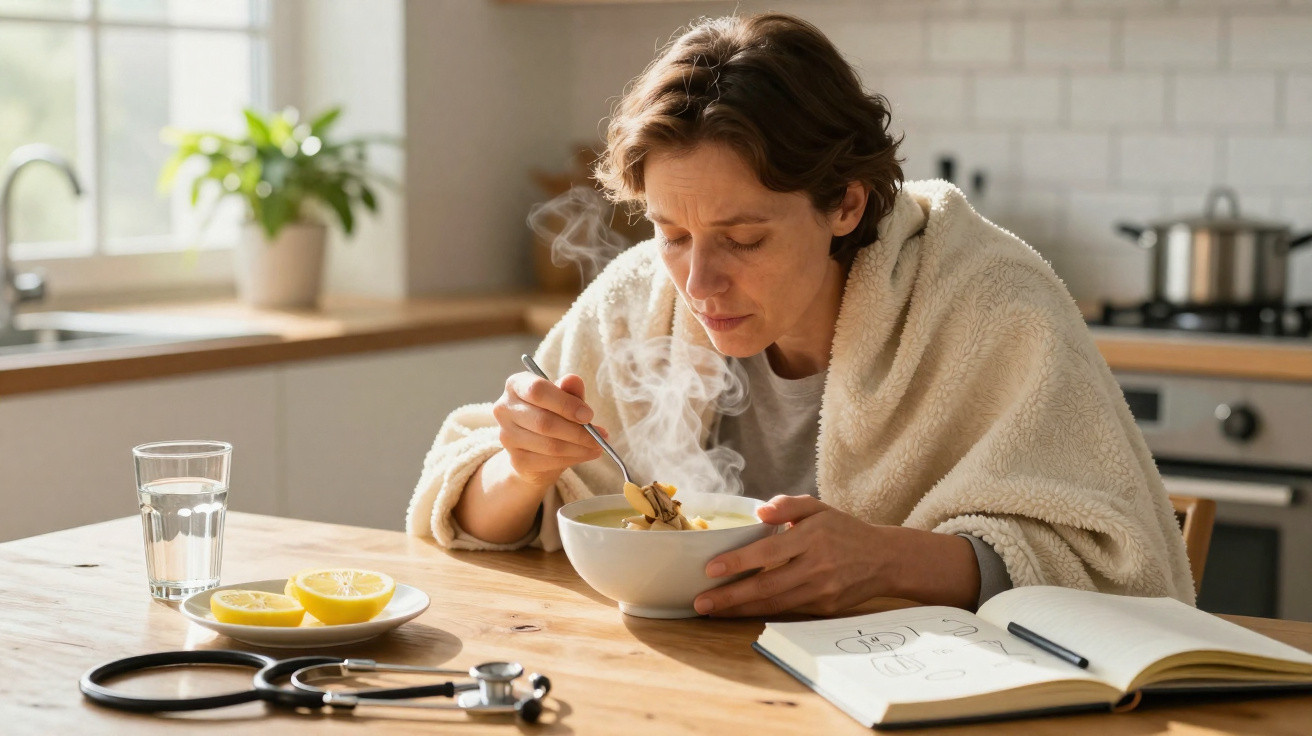 Pessoa com cobertor comendo sopa quente em cozinha, com estetoscópio, limão e copo d'água na mesa.