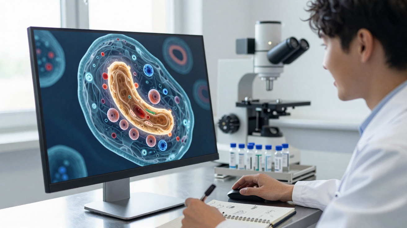 Cientista analisando imagem ampliada de célula em tela de computador em laboratório.