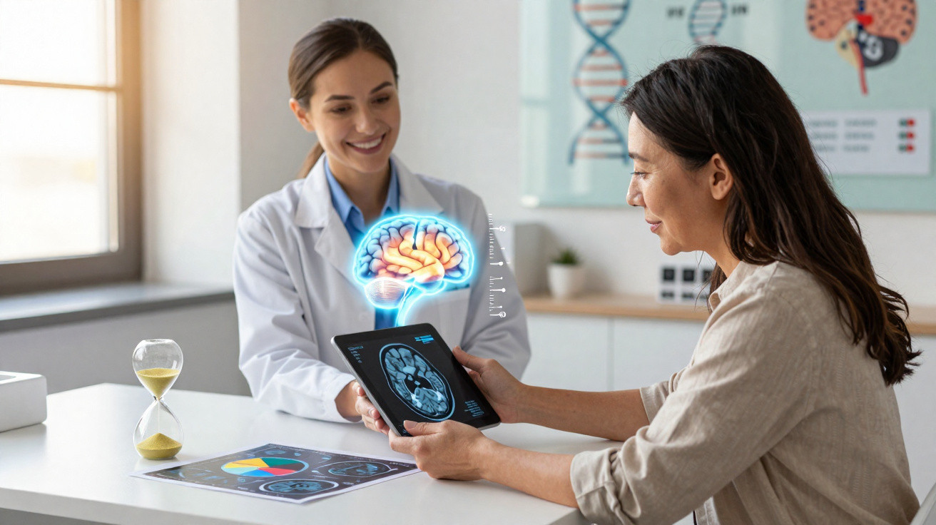 Mulher paciente conversando com médica sobre exame cerebral digital em consultório moderno e iluminado.