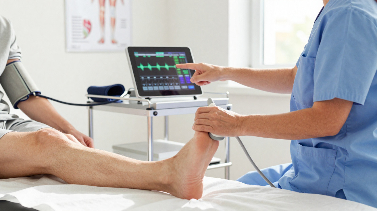 Profissional de saúde realiza exame vascular em paciente usando equipamento eletrônico com monitor.
