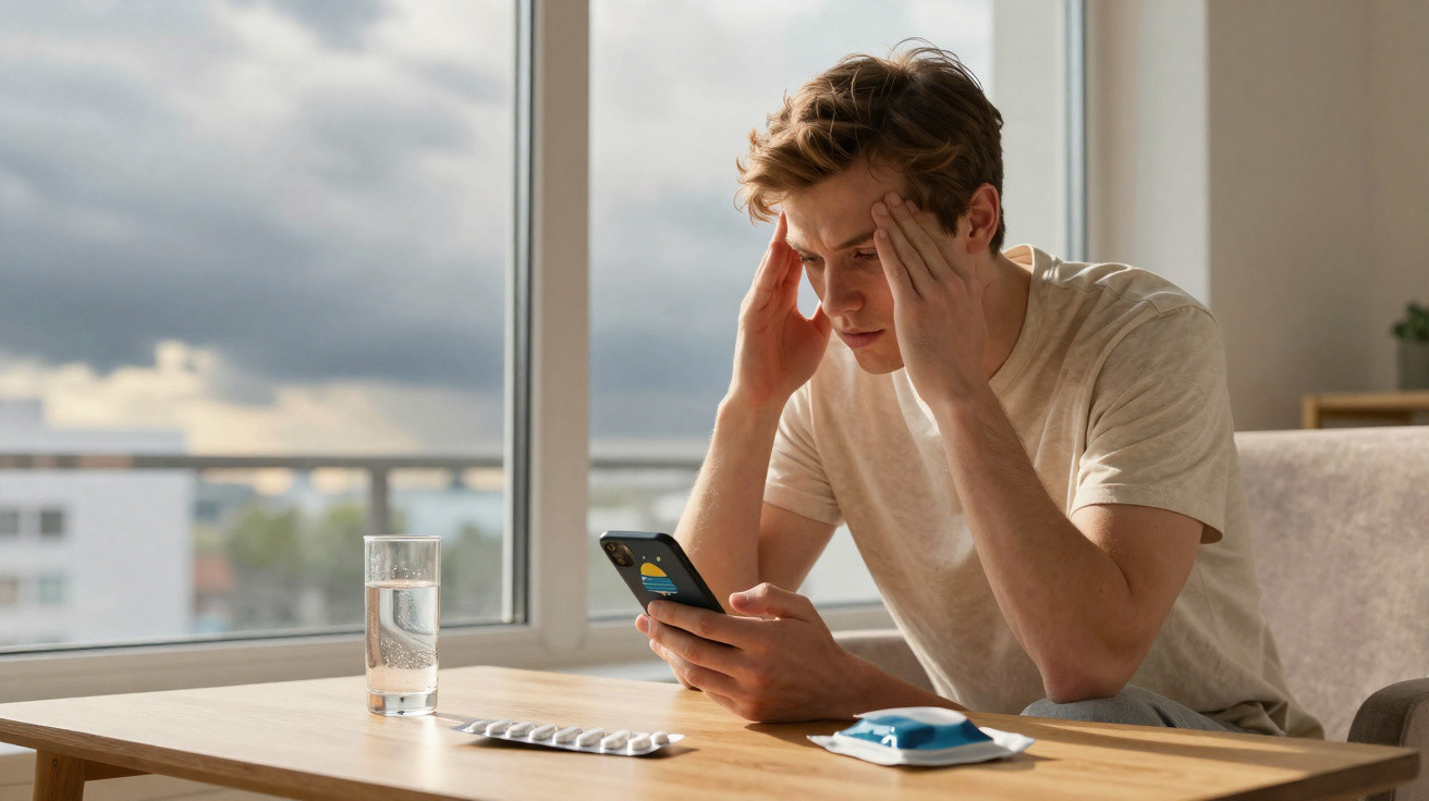 Jovem sentado com expressão preocupada, olhando para celular, com comprimidos e água na mesa ao lado.