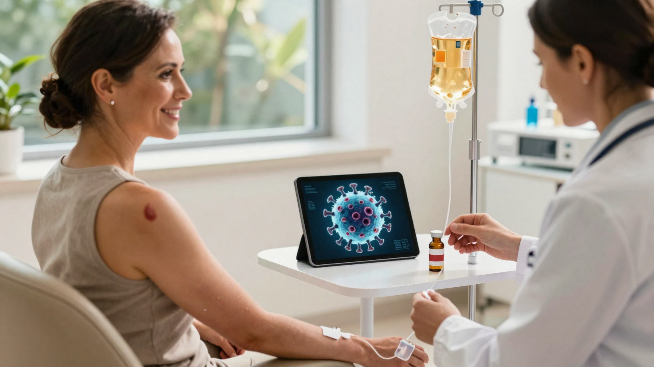 Paciente recebe infusão intravenosa enquanto médica monitora exame sobre vírus em tablet na clínica.