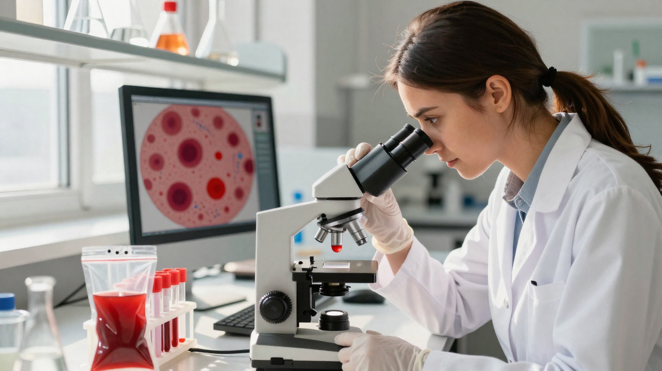 Mulher cientista analisa amostra em microscópio em laboratório com imagem celular na tela do computador.