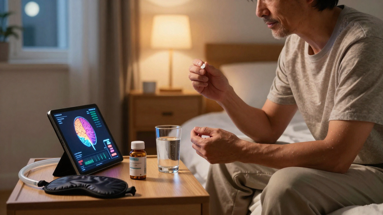 Homem sentado na cama, segurando comprimido, com vidro d'água, remédio e tablet mostrando cérebro na mesa ao lado.